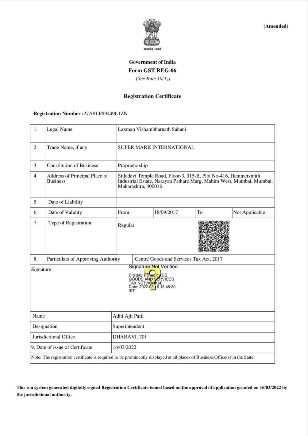 Registration Certificate